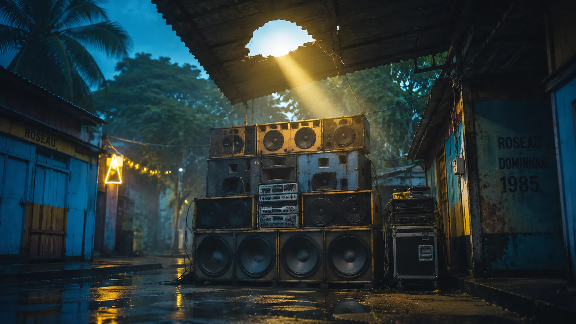 Sound system de carnaval ancien dans les rues de Roseau, La Dominique 1985, à l'aube, haut-parleurs en bois empilés, brouillard léger, palette bleu nuit avec lampe jaune chaude
