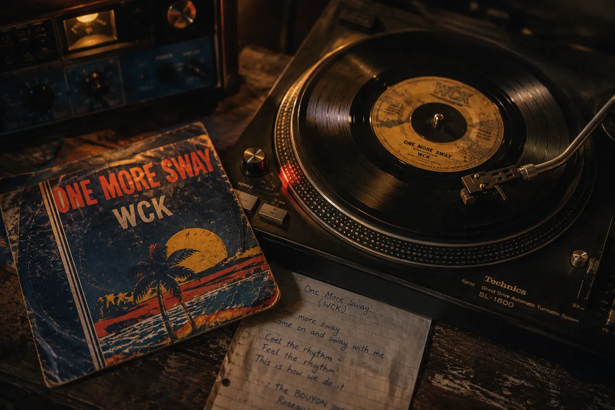 Disque vinyle WCK posé sur platine vintage des années 80 avec pochette manuscrite One More Sway, paroles à l'encre bleue, lumière tungstène dorée, table en bois usé